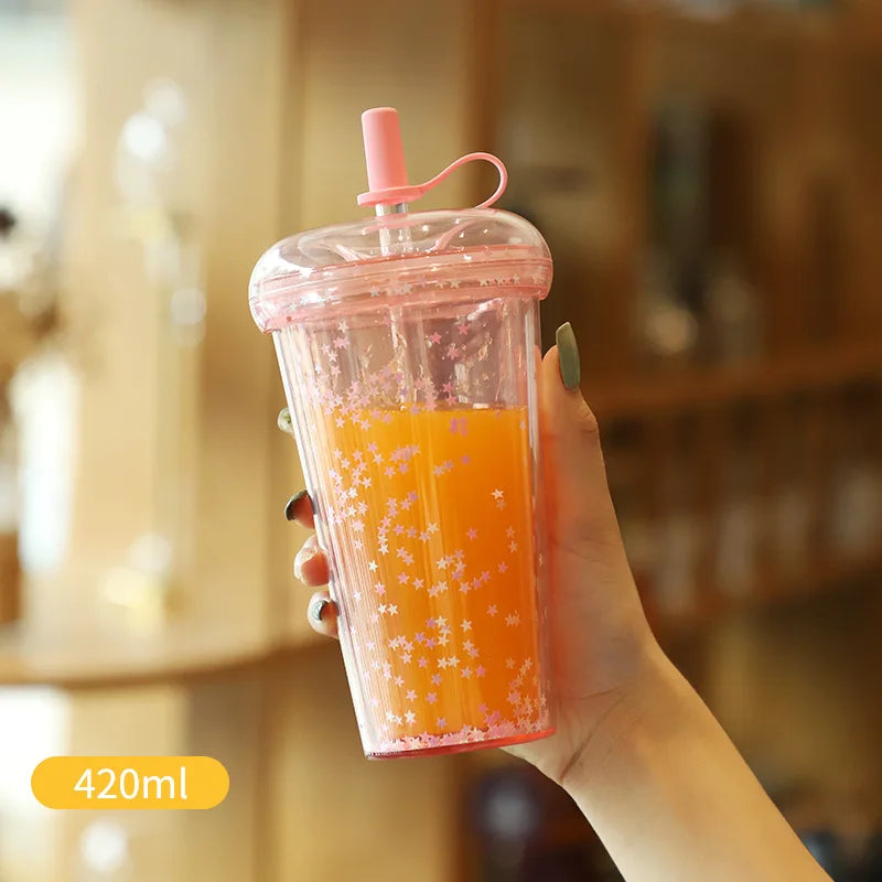 420ml Ins Bubble Tea Cup Glitter Tumbler with Straw