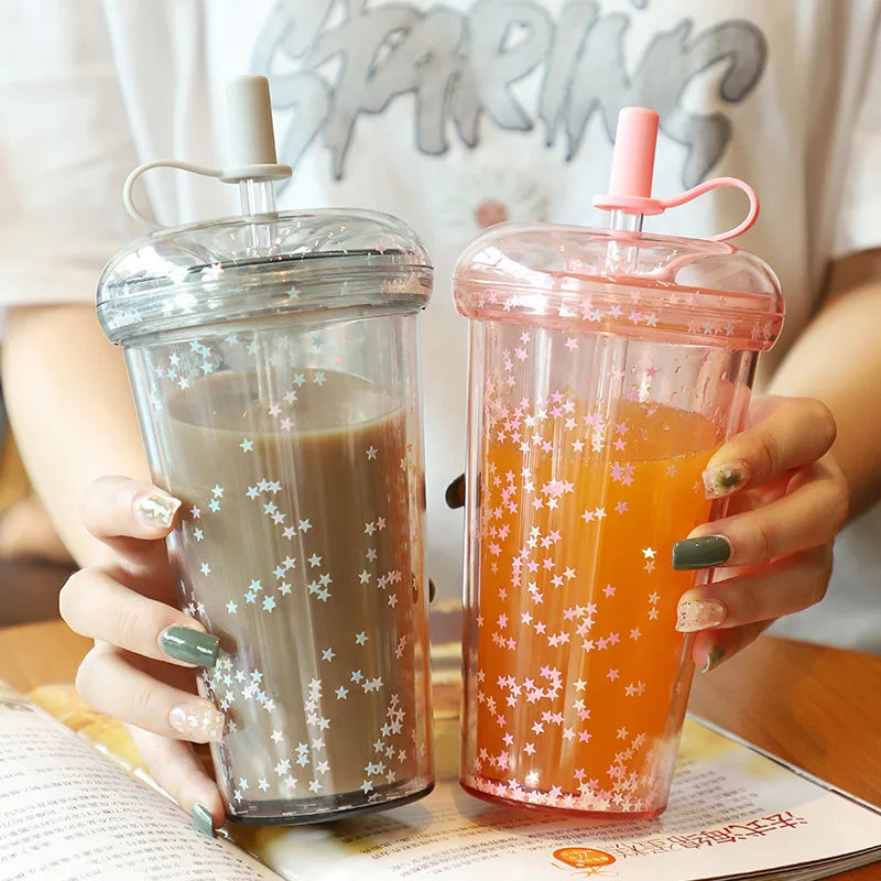 420ml Ins Bubble Tea Cup Glitter Tumbler with Straw